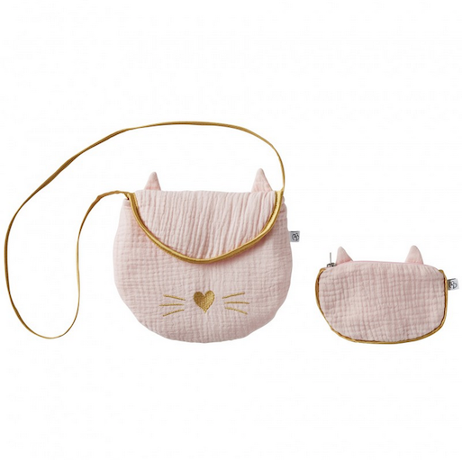 Sac bandoulière + porte monnaie Chat gaze de coton blush / or